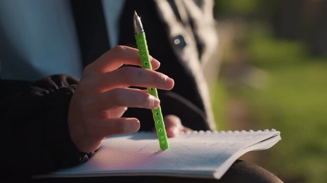 Close up view shows person hands resting on opened spiral bound notebook. green pen is held in one hand poised above paper which contains faint handwritten notes and grid lines. Soft
