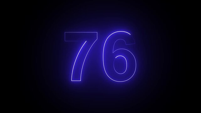 Glowing blue neon number 76 animation isolated on a black background