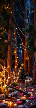 Whimsical forest decorations with glittering lights, colorful, festive