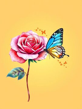 Watercolor rose and butterfly dance on a golden background, pattern, illustration