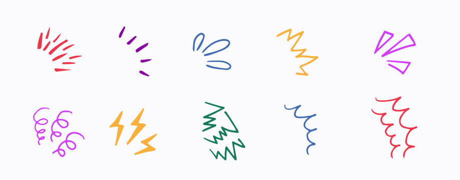 Collection of colorful hand drawn graphic accents including bursts, lightning bolts, scribbles, motion lines, emphasis marks and decorative comic elements.