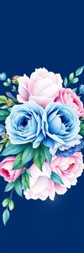 Watercolor floral bouquet with blue roses and peonies on navy white background, floral, ||navy