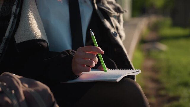 Close up view shows person hands resting on their lap with opened spiral bound notebook and green pen. Soft natural light illuminates scene highlighting details of hand texture and clothing