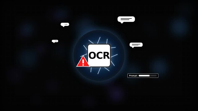 Futuristic OCR icon with red warning triangle and floating chat bubbles on dark background, concept for optical character recognition error, software troubleshooting and digital document scanning