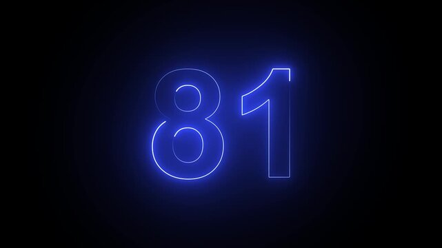 Glowing blue neon number 81 animation isolated on a black background