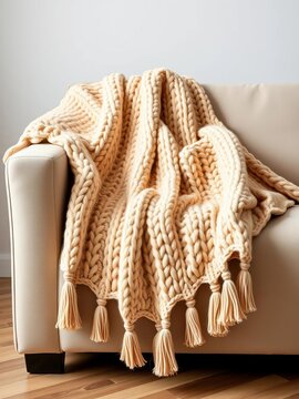 Soft, chunky knitted blanket with tassels wraps around neutral colored sofa, warmth, soft