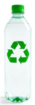 Recycled plastic bottle with recycle symbol on a white background, representing environmental sustainability, waste reduction, nature
