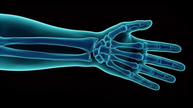 3D Anatomical Illustration of a Human Hand and Wrist Showing Pain or Injury in the Carpal Bones, Blue X-ray Style Skeletal View for Medical Education and Healthcare Concepts