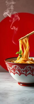 Noodle bowl with chopsticks on red circle background, steam rising, savory, steam