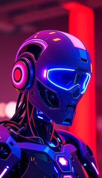 Neon-lit cyborg robot with glowing blue-pink-purple helmet, engineering, progress
