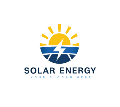 Solar power electricity logo with sun, panel, and lightning bolt.