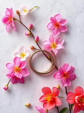 Marble spring background with blooming flowers and intertwined wedding rings, whimsical, romantic