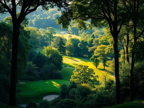 Lush green fairways winding through towering trees, nature, serene