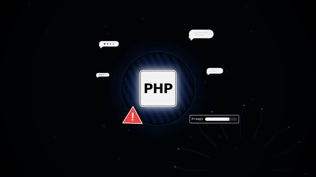 Modern digital interface with glowing PHP logo, floating chat bubbles, and warning icon, concept for web development error handling, ideal for programming tutorials and IT presentations