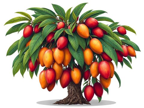 Isolated mango tree with abundant fruit on white background, illustration art style, Vector Illustration, Greenery