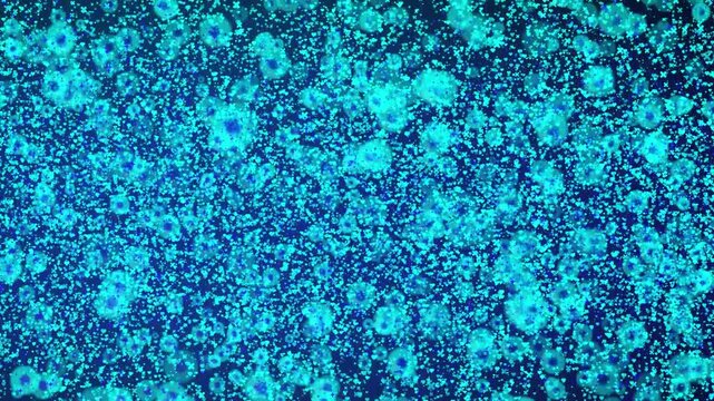 Dense cloud of cyan blue glowing mini particles and symbols drifting across a deep blue backdrop for modern digital technology background animation.