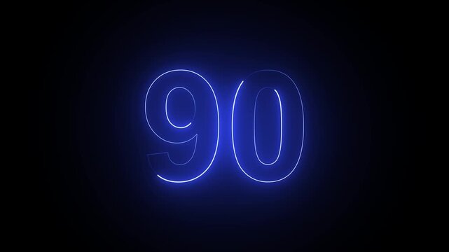 Glowing blue neon number ninety isolated on a dark black background