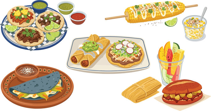 Mexican street food vector collection with sopes flautas pambazo elote and tlacoyo