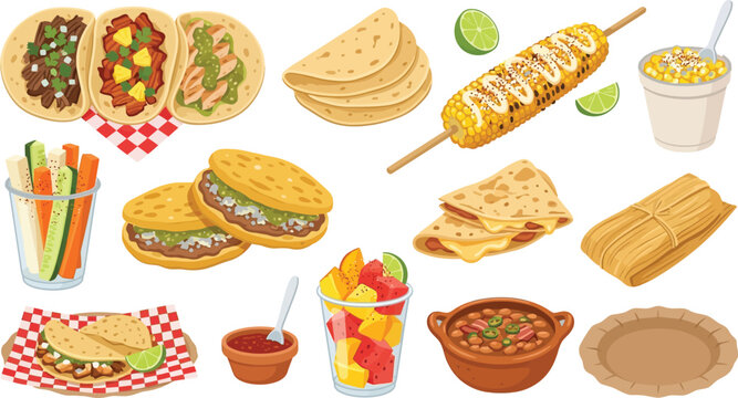 Mexican street food vector assortment with tacos quesadillas gorditas elote and tamale