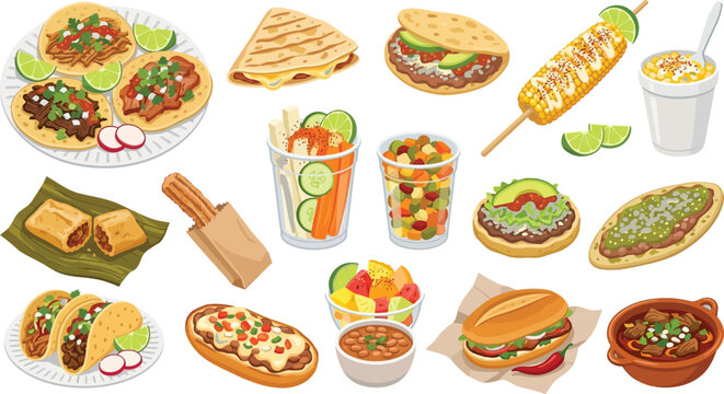 Traditional Mexican street food vector set with tacos tamales elote and churros