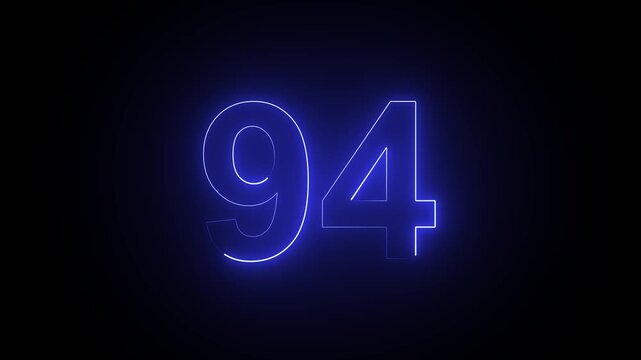 Glowing blue neon number 94 isolated on a dark black background