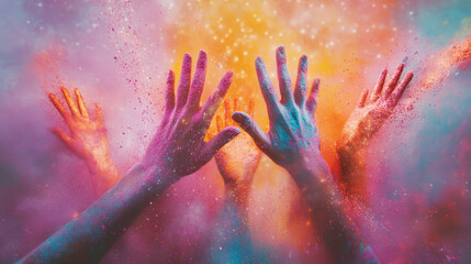 Obraz premium Hands Covered in Colorful Powder Celebrating Creativity and Joy