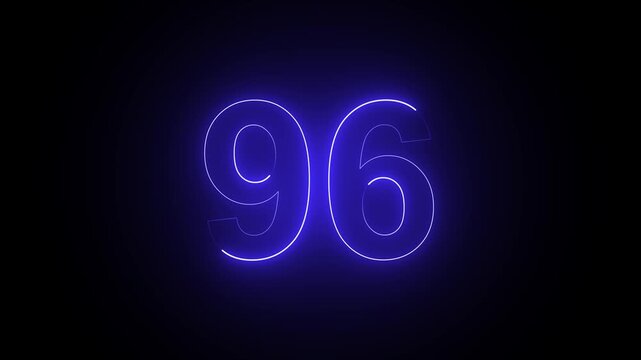 Glowing blue neon number 96 isolated on a black background for