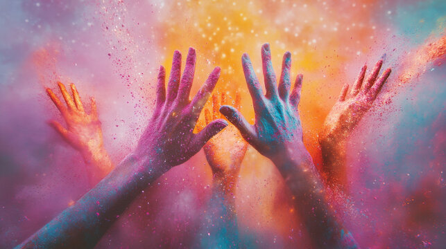 Hands Covered in Colorful Powder Celebrating Creativity and Joy