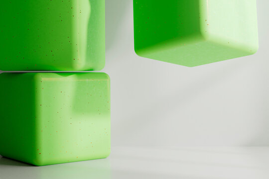 Floating Green Cube Above Stacked Blocks