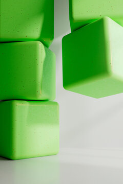 Floating Green Cube with Geometric Blocks