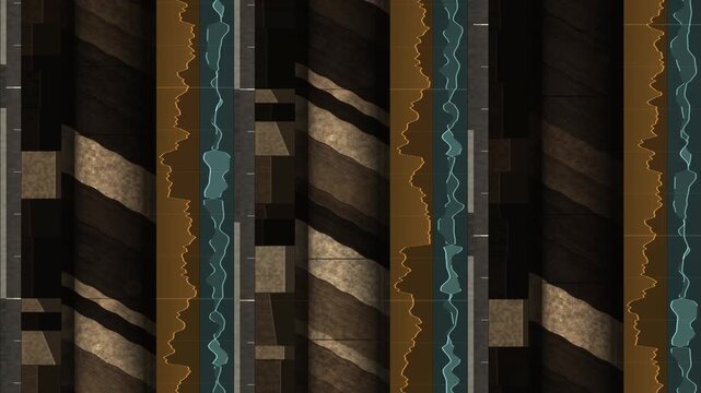 Geological drill core scrolling upward beside grain size and gamma ray wireline logs with lithology column in rich core tones