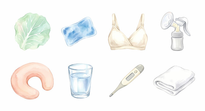 乳腺炎と産後の胸のトラブルケア アイコンセット 水彩