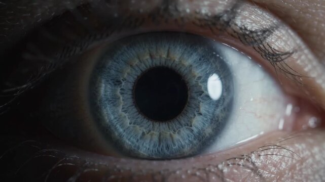 Extreme close up of a human blue eye pupil dilating in changing light