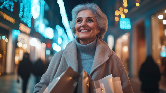 Elegant Senior Woman Enjoying Holiday Shopping at Night