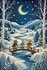Fototapeta premium Whimsical woodland animals crossing snowy bridge beneath moonlit stars