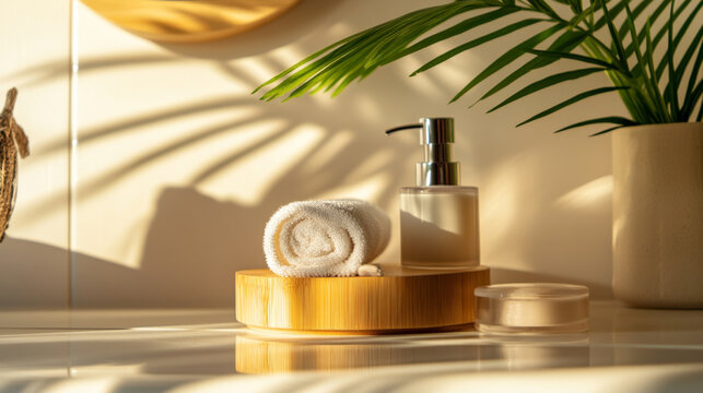 Minimalist Skincare and Palm Leaf Decor in Sunlight