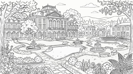 Obraz premium University Campus Nature Landscape Coloring Page Vector Line Art