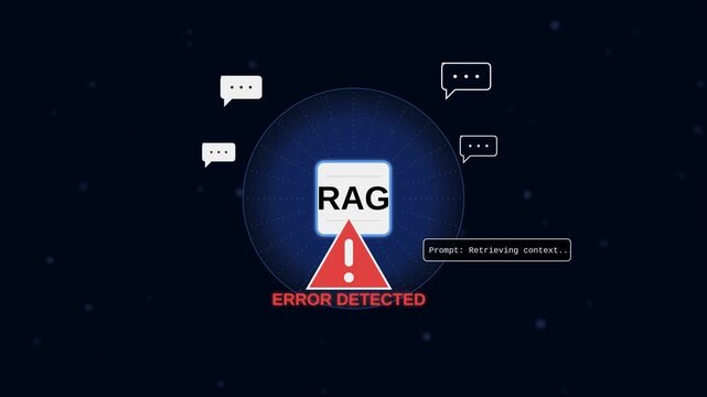 Abstract technology graphic with red RAG error warning sign and chat bubbles, representing artificial intelligence hallucination and database retrieval failure, concept for software debugging and AI