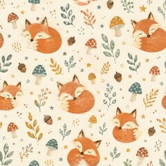 Fototapeta premium Cute woodland foxes, mushrooms, leaves and stars seamless pattern