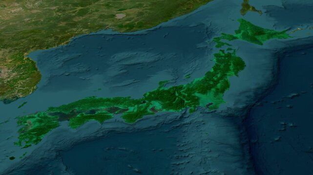3D Satellite Map Animation of Hiroshima Prefecture Highlighted in Red Along the Seto Inland Sea in Western Japan