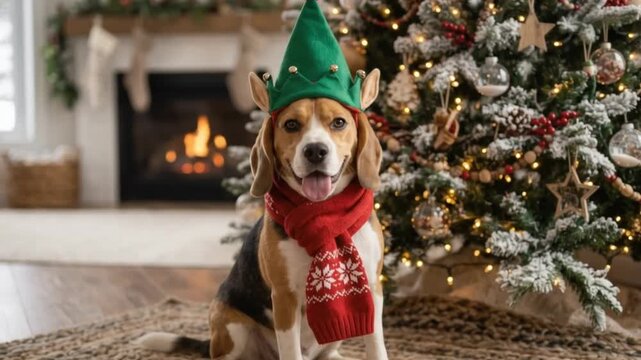 cute beagle dog wearing elf hat and red scarf sitting by fireplace and christmas tree