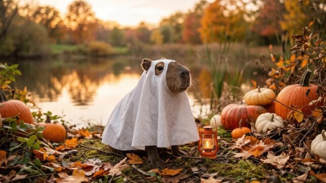 capybara (hydrochoerus hydrochaeris) dressed in ghost sheet costume with pumpkins by lake