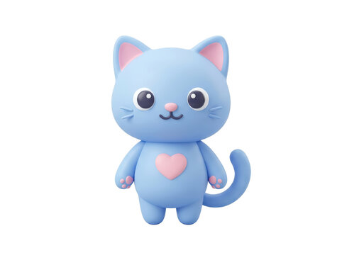 A cute blue cartoon cat with pink heart and paws isolated on transparent background