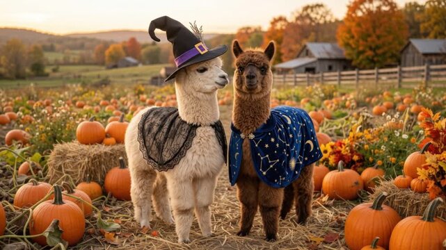pair of alpacas wearing witch hat and celestial cape in autumn pumpkin patch