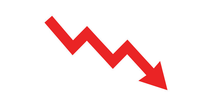 Red downward arrow zig-zag decline chart graph symbol.