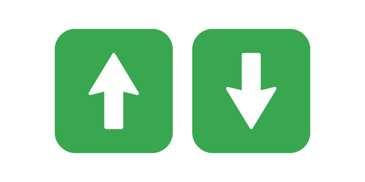 Green square buttons with up and down arrows vector design elements.