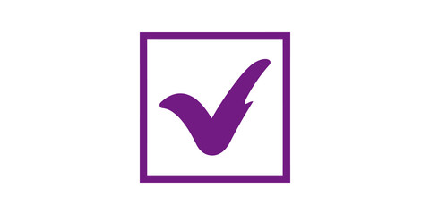 Purple tick mark inside a square border vector symbol of approval. © zain