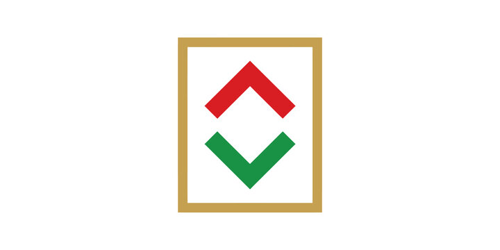 Dual sorting arrows in gold frame flat icon for interface navigation.