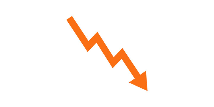 Orange falling arrow chart decline flat icon for loss and recession.