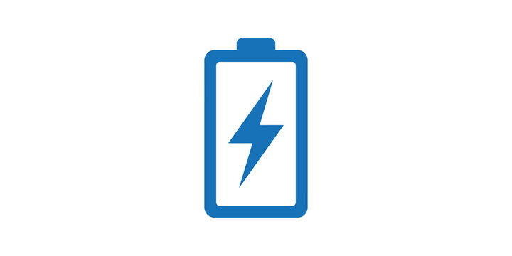 Blue charging battery status indicator symbol for electronic devices.